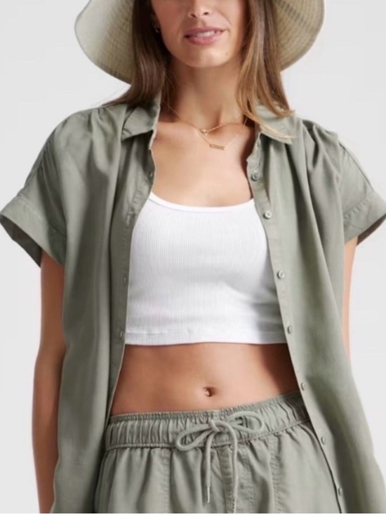 Quince Tops - Quince Women’s Tencel Camp Shirt Casual Short-Sleeve Button-Down Olive XL